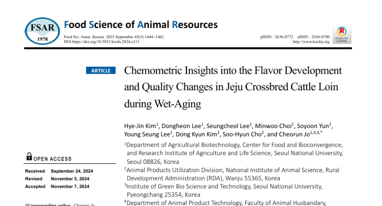 Chemometric insights into the flavor development and quality changes in Jeju crossbred cattle loin during wet aging